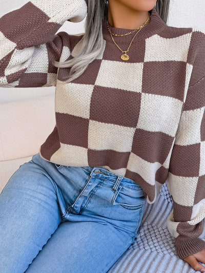 Explore More Collection - Checkered Mock Neck Long Sleeve Sweater