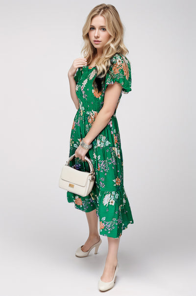 Explore More Collection - Smocked Printed Puff Sleeve Midi Dress