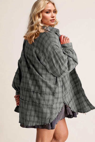 Explore More Collection - Exposed Seam Plaid Collared Neck Long Sleeve Shirt