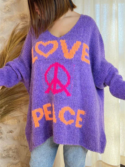 Explore More Collection - Peace Graphic V-Neck Long Sleeve Sweater