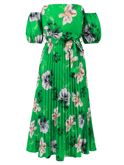 Explore More Collection - Pleated Floral Off-Shoulder Short Sleeve Midi Dress