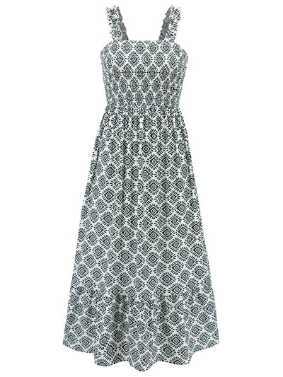 Explore More Collection - Smocked Printed Square Neck Sleeveless Dress