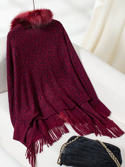 Explore More Collection - Fringe Leopard Open Front Long Sleeve Poncho