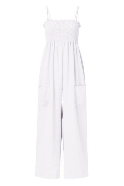 Explore More Collection - Smocked Spaghetti Strap Wide Leg Jumpsuit