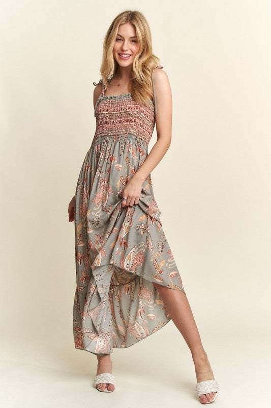 Explore More Collection - ADORA Smocked Printed Square Neck Tie Shoulder Cami Dress