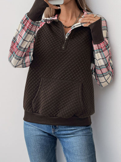 Explore More Collection - Plaid Half Zip Long Sleeve Sweatshirt