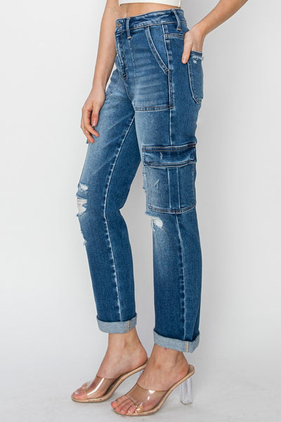 Explore More Collection - RISEN Full Size High Rise Cargo Ankle Roll Up Straight Jeans