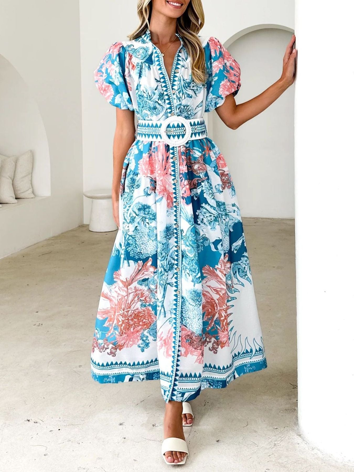 Printed Puff Sleeve Midi Dress