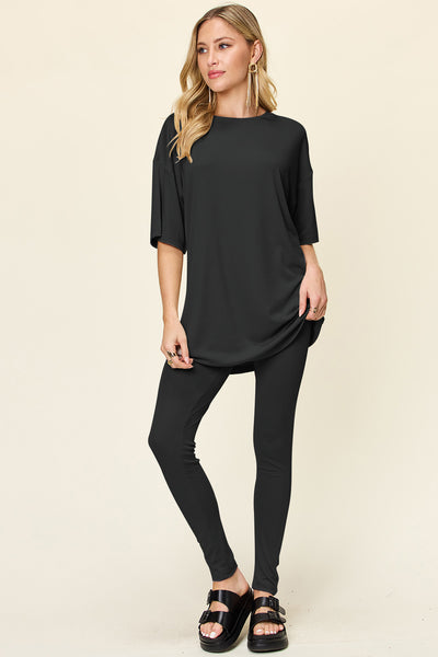 Explore More Collection - Double Take Full Size Round Neck Dropped Shoulder T-Shirt and Leggings Set