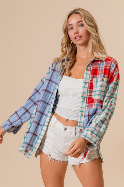 Explore More Collection - BiBi Color Block Plaid Button Down Shirt