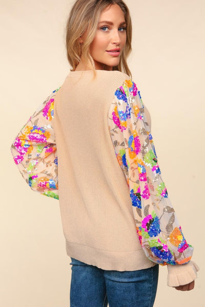 Explore More Collection - Haptics Floral Sequins Mesh Flounce Sleeve Sweater