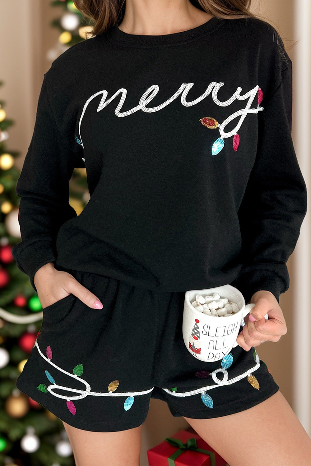 Explore More Collection - MERRY Sequin Round Neck Long Sleeve Top and Shorts Set