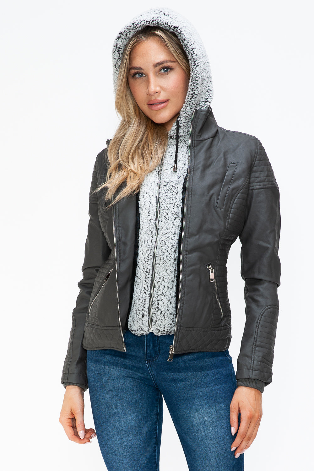 Explore More Collection - YMI Faux Layered Double-Zipper Jacket with Fuzzy Hood