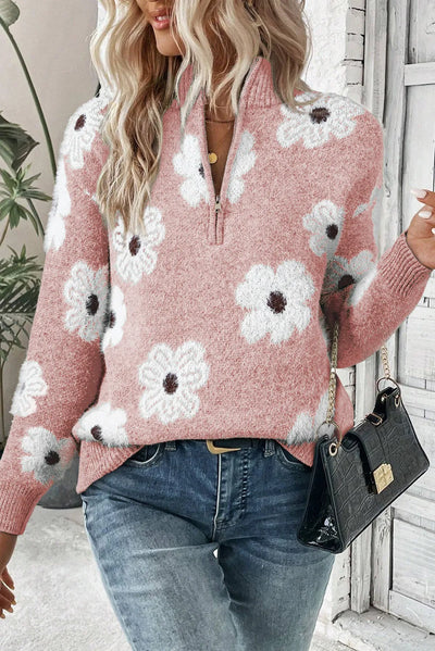 Explore More Collection - Flower Half Zip Long Sleeve Sweater