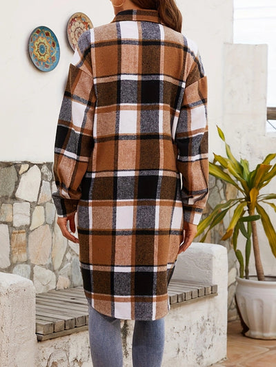 Explore More Collection - Plaid Collared Neck Long Sleeve Jacket