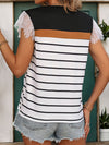 Explore More Collection - Lace Detail Striped Round Neck Cap Sleeve T-Shirt