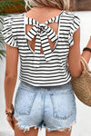 Explore More Collection - Tied Striped V-Neck Cap Sleeve T-Shirt