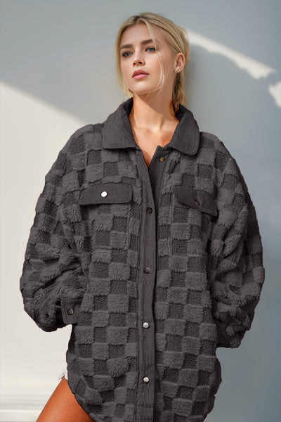 Explore More Collection - Double Take Button Up Fuzzy Checkered Shacket