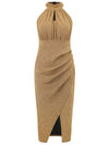 Explore More Collection - Slit Ruched Mock Neck Sleeveless Dress