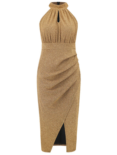 Explore More Collection - Slit Ruched Mock Neck Sleeveless Dress