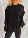 Explore More Collection - Distressed Cable-Knit Round Neck Long Sleeve Sweater