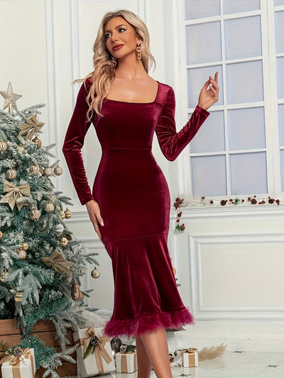 Explore More Collection - Plush Hem Square Neck Long Sleeve Dress