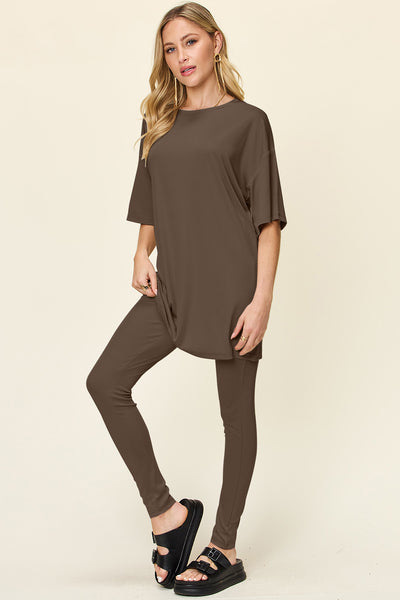 Explore More Collection - Double Take Full Size Round Neck Dropped Shoulder T-Shirt and Leggings Set