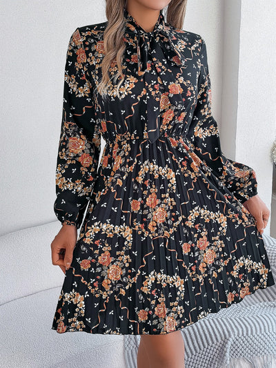 Explore More Collection - Pleated Printed Tie Neck Long Sleeve Dress