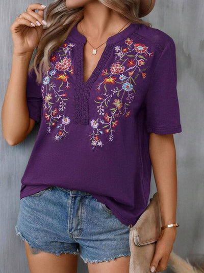 Explore More Collection - Embroidered Notched Short Sleeve T-Shirt