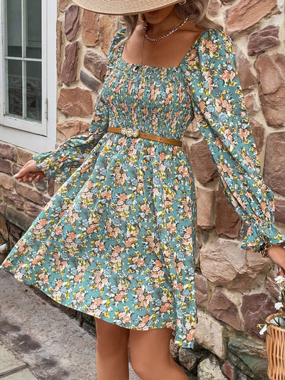 Explore More Collection - Floral Smocked Flounce Sleeve Square Neck Dress