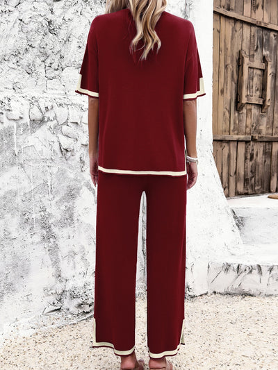 Explore More Collection - Contrast Trim Round Neck Top and Pants Set