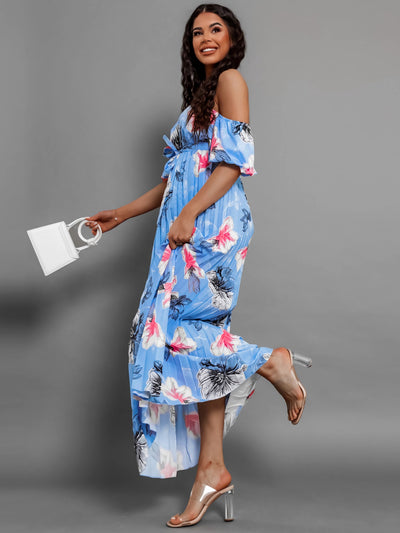 Explore More Collection - Pleated Floral Off-Shoulder Short Sleeve Midi Dress