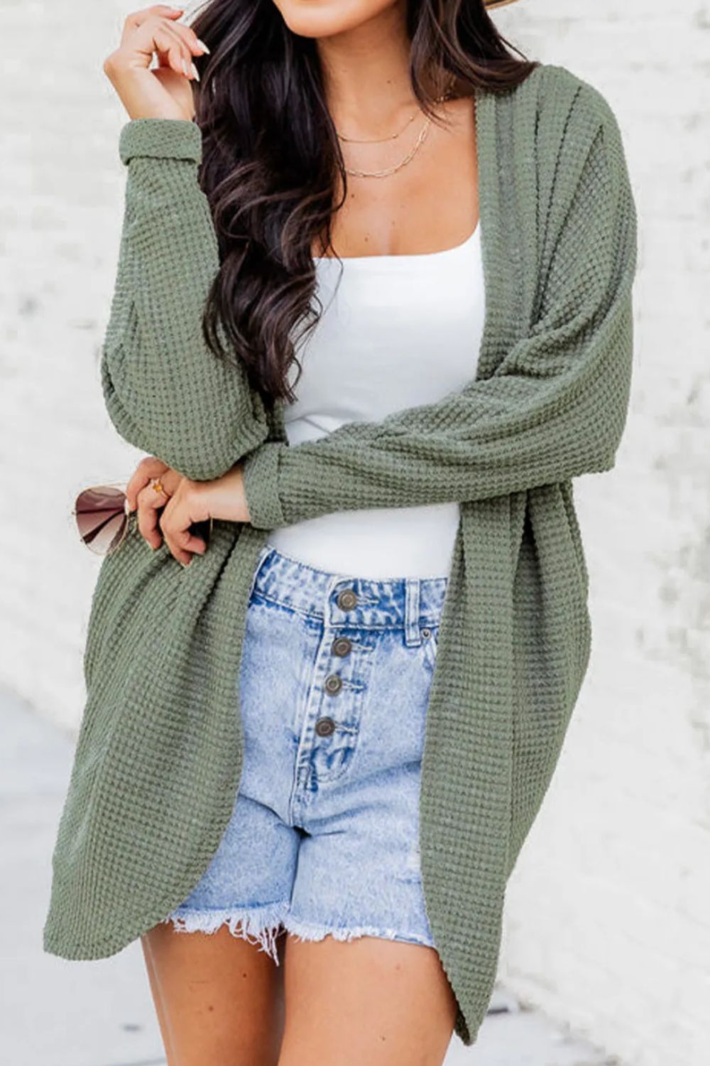 Explore More Collection - Waffle-Knit Open Front Long Sleeve Cover Up