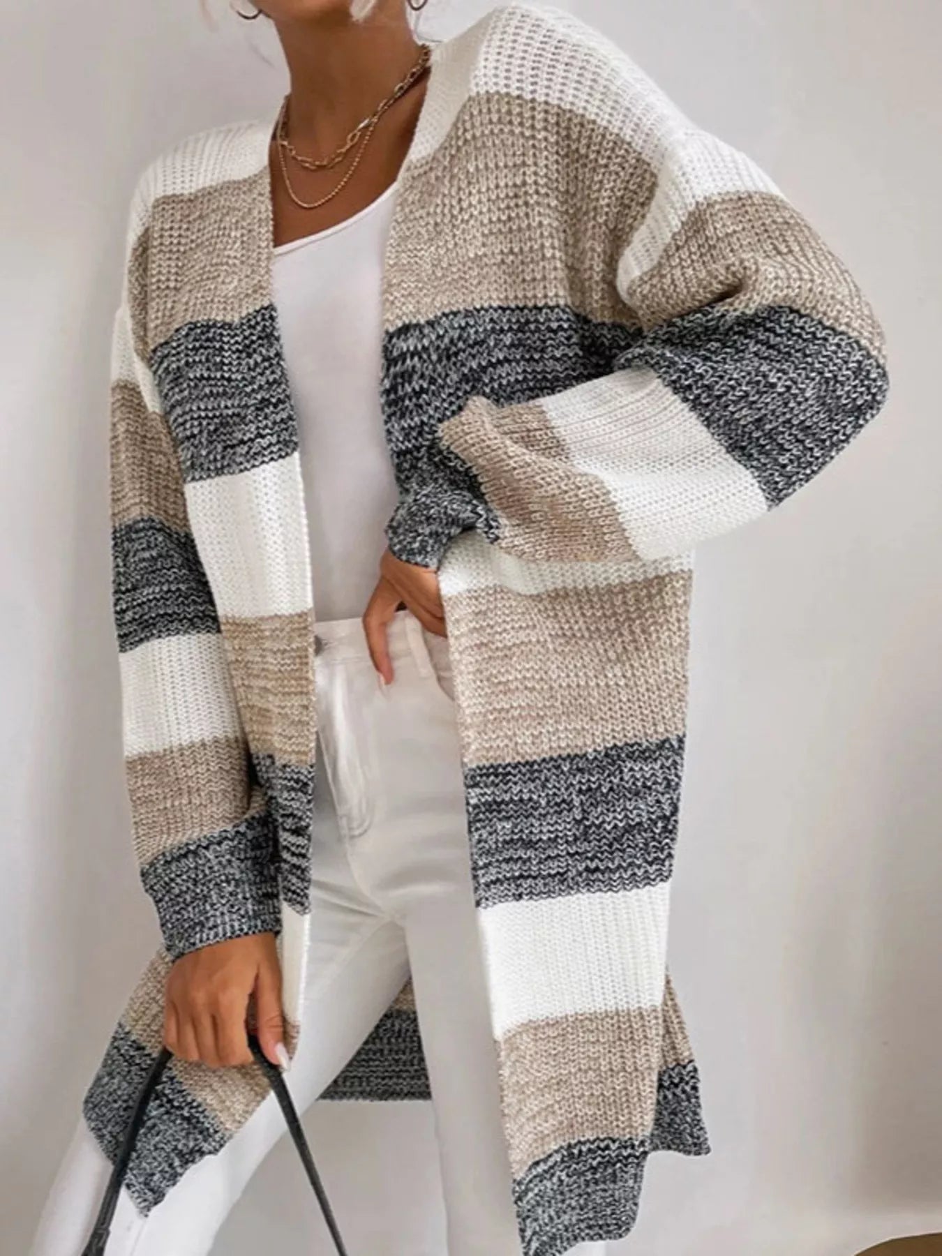 Color Block Striped Open Front Longline Cardigan