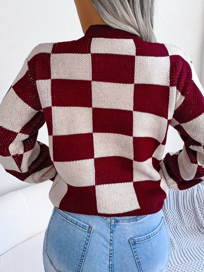 Explore More Collection - Checkered Mock Neck Long Sleeve Sweater