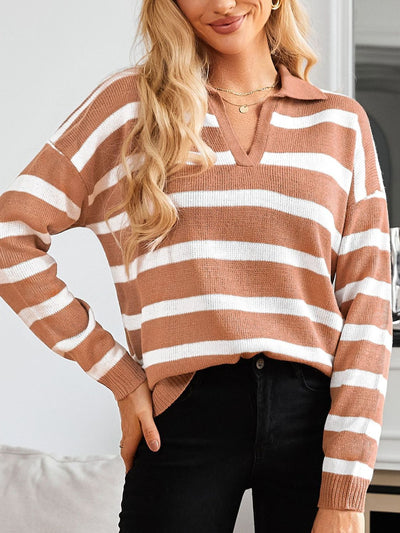 Explore More Collection - Many Striped Johnny Collar Long Sleeve Sweater