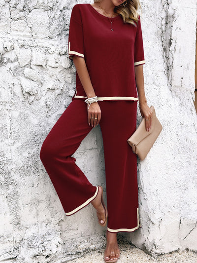 Explore More Collection - Contrast Trim Round Neck Top and Pants Set