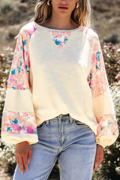 Explore More Collection - Printed Round Neck Balloon Sleeve Blouse