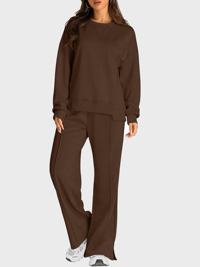 Explore More Collection - Round Neck Long Sleeve Top and Slit Pants Set