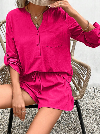 Explore More Collection - Notched Long Sleeve Top and Shorts Set