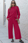 Explore More Collection - Double Take Full Size Textured Long Sleeve Top and Drawstring Pants Set