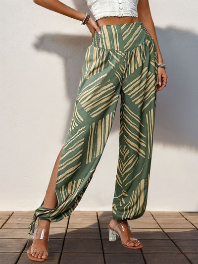 Explore More Collection - Smocked Slit Printed High Waist Pants