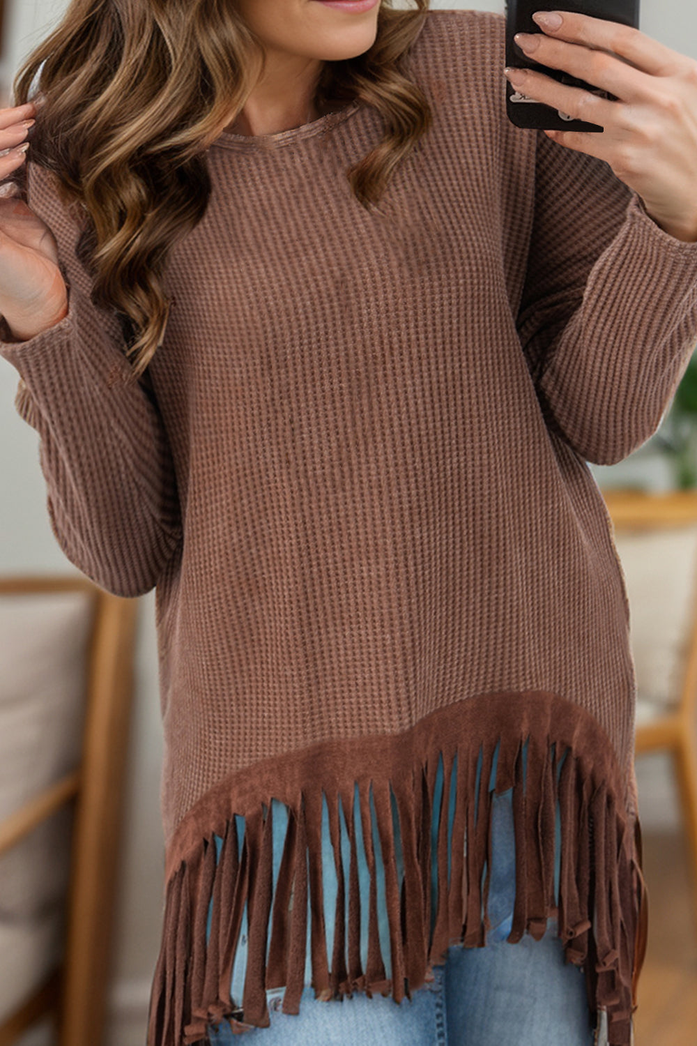 Explore More Collection - Fringe Round Neck Long Sleeve Top