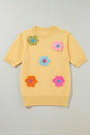 Explore More Collection - Flower Round Neck Short Sleeve Sweater