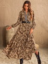 Explore More Collection - Ruched Printed Notched Long Sleeve Maxi Dress