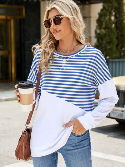 Explore More Collection - Slit Contrast Striped Long Sleeve Sweatshirt