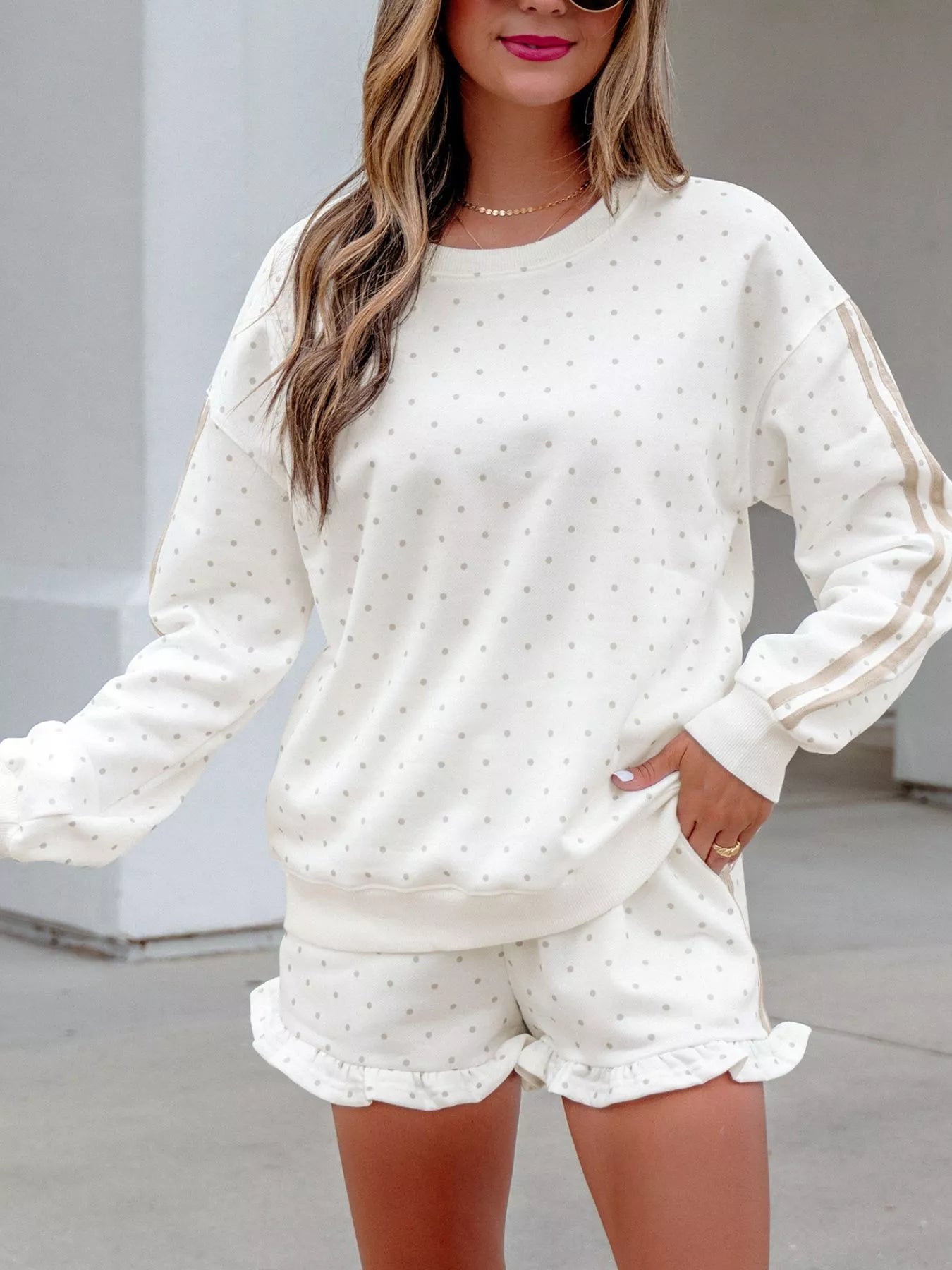 Polka Dot Long Sleeve Sweatshirt and Shorts Set