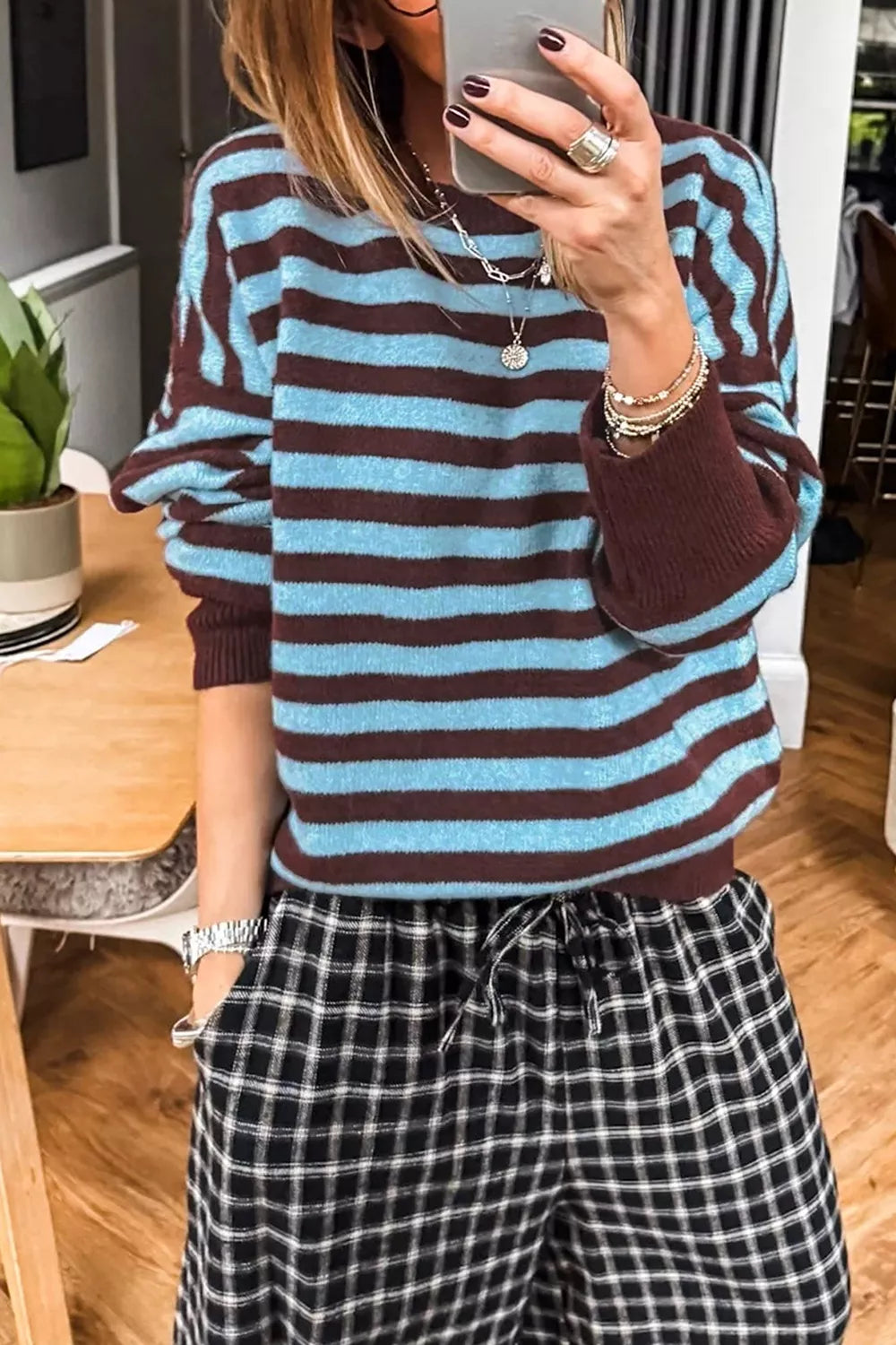 Stripe Color Block Loose Crew Neck Cuffed Sweater