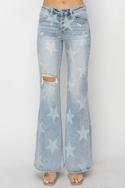 Explore More Collection - RISEN Mid Rise Button Fly Start Print Flare Jeans