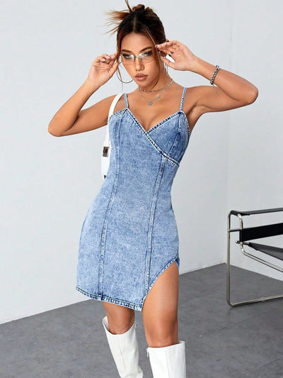 Explore More Collection - Slit Surplice Spaghetti Strap Denim Dress